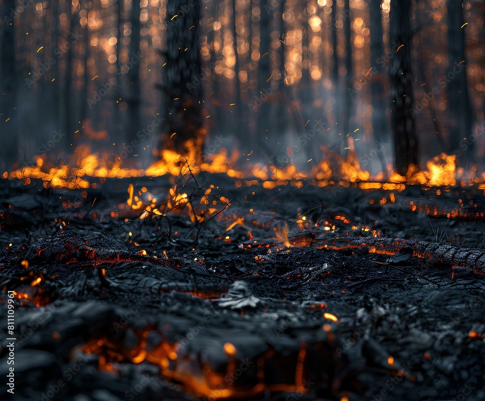 A close-up photo of a recently extinguished forest fire. Focus on Fire Retardant Chemical substances, such as ammonium phosphate-based retardants A close-up photo of a recently extinguished forest fire. Focus on Fire Retardant Chemical substances, such as ammonium phosphate-based retardants