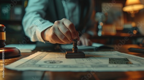 Focused view of a hand stamping an approved stamp onto an international trade license document on a desk 8K , high-resolution, ultra HD,up32K HD photo