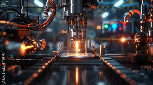 In a hightech factory, an intricately designed sensor emits a soft glow amidst machinery photo