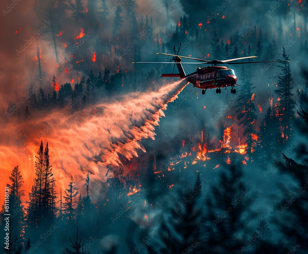 A close-up photo of a recently extinguished forest fire. Focus on Firefighting Aircraft Helicopters and airplanes equipped with water tanks or fire retardant systems are used to drop water or fire A close-up photo of a recently extinguished forest fire. Focus on Firefighting Aircraft Helicopters and airplanes equipped with water tanks or fire retardant systems are used to drop water or fire