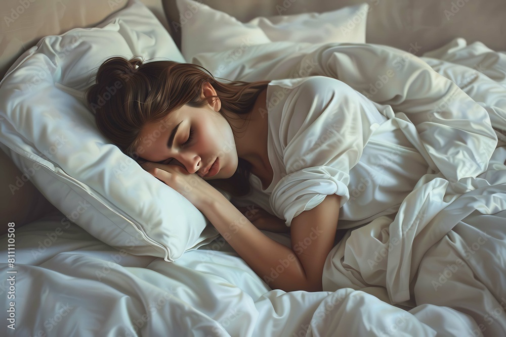 Serene image of a woman peacefully sleeping on a soft pillow Serene image of a woman peacefully sleeping on a soft pillow