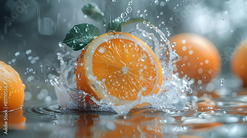 water splashing onto orange, in the style of cleared background, Fresh, clean fruit juice with an orange flavor, a flavored fruit drinks, fresh fruit products from organic gardens. photo