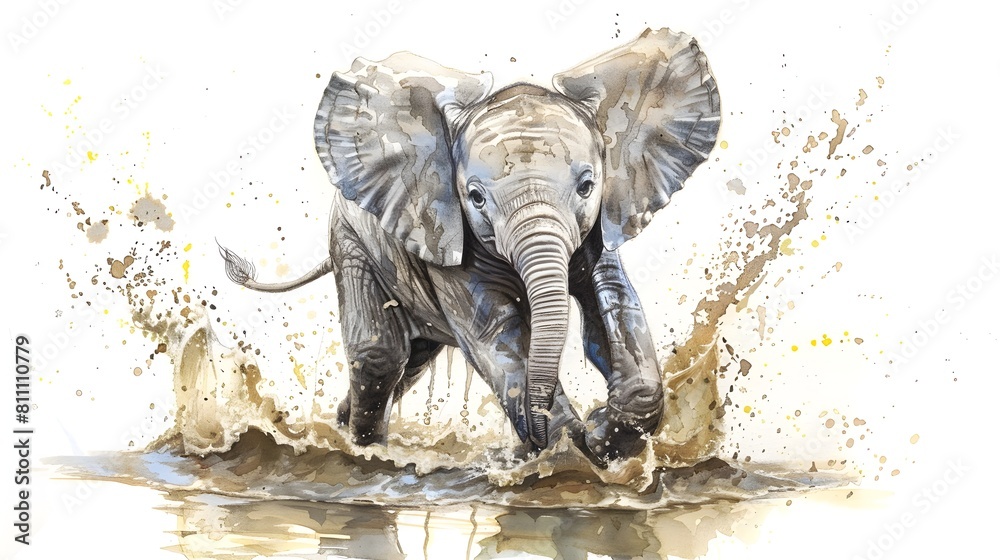 Fototapeta premium Chubby Baby Elephant Splashing in Watercolor Watering Hole with Jiggling Wrinkled Skin