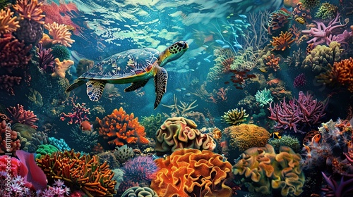 Underwater world. Turtle. corals. beach. Generative Ai photo