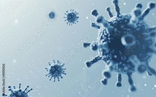 A 3D illustration of multiple virus particles suspended in the air  depicted with a blue tint  highlighting their structure and surface proteins