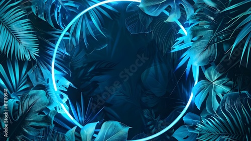 Tropical glowing neon frame. Dark night jungle palm leaves. Summer background design