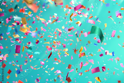 Playful confetti rain over a bright aquamarine background, providing a cool, inviting atmosphere in high resolution.