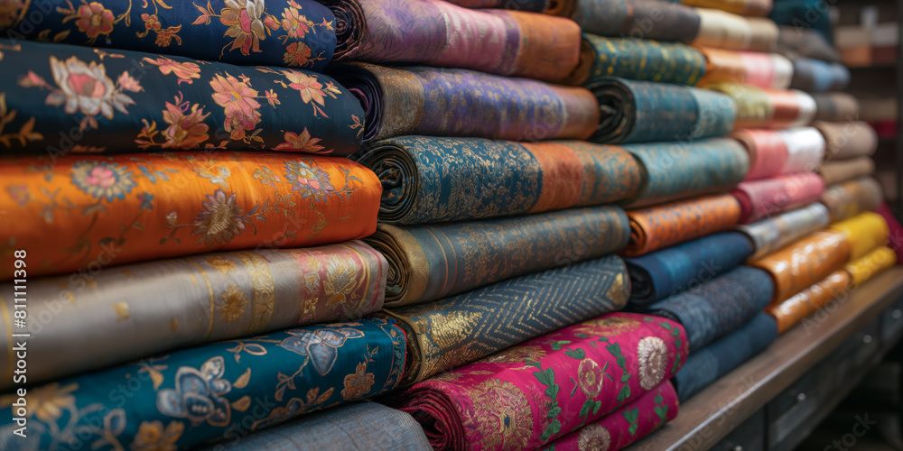 Pile of Indian Cotton Fabrics with Floral Patterns and Embroideries - Colorful Textile Display