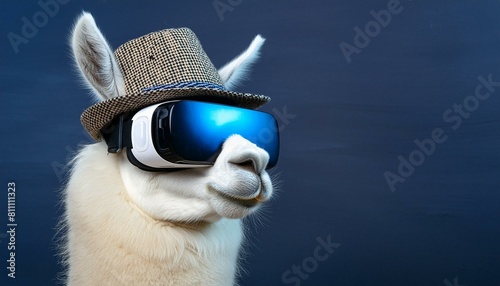 Ein Lama mit Hut trägt eine Virtual Reality Brille, blauer Hintergrund, Digitalisierung, Technik der Zukunft, witzig © Sebastian