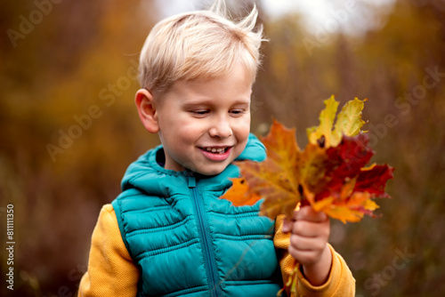 Portrait of a cute little boy with autumn leaves in the park