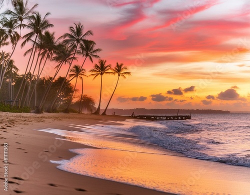 sunset over the beach  background  summer beach vista gentle waves lapping against the shore palm trees swaying in the breeze the sky in hues of orange and pink  