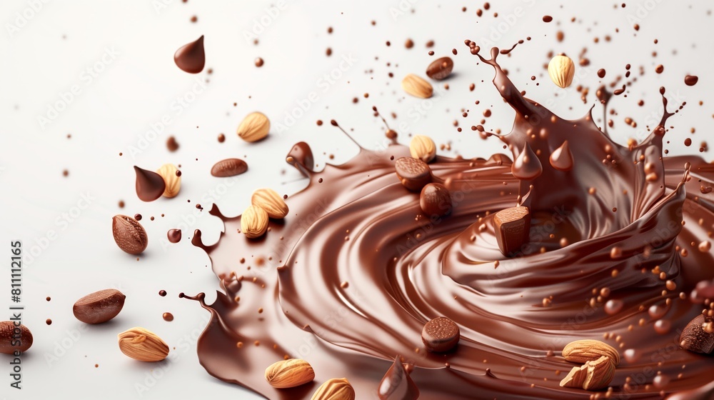 Food, 3D Illustration of Chocolate Swirl with Nuts, Perfect for Dessert-Themed Backgrounds, A Luscious Chocolate Swirl with Scattered Nuts, Featuring Rich Browns and Almonds Food, 3D Illustration of Chocolate Swirl with Nuts, Perfect for Dessert-Themed Backgrounds, A Luscious Chocolate Swirl with Scattered Nuts, Featuring Rich Browns and Almonds