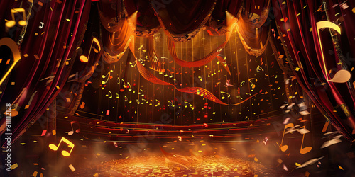 Musical Theatre Magic: Music Notes Swirling Around a Theatrical Stage Set with Props and Costumes photo