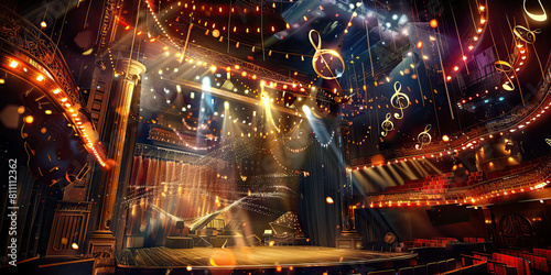 Musical Theatre Magic: Music Notes Swirling Around a Theatrical Stage Set with Props and Costumes
