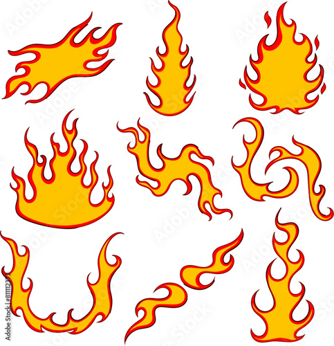 flame decal set cartoon. tattoo hot, race sticker, custom paint flame decal sign. isolated symbol vector illustration