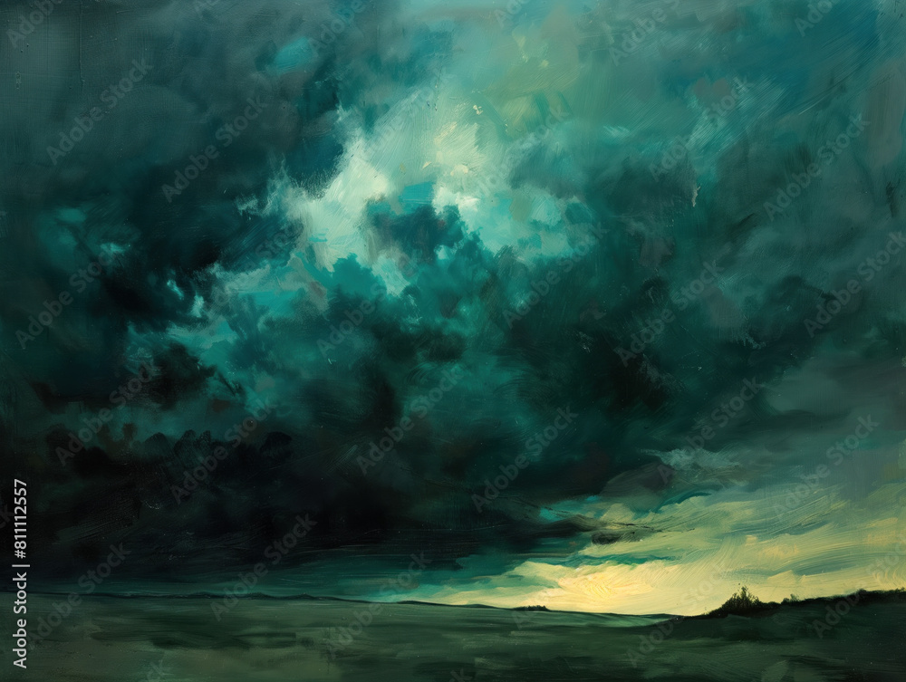 The foreboding sky, with dark clouds in black, blue, and green, hinted at an approaching storm. The dark teal backdrop heightened the ominous atmosphere, casting a frightening shadow over the landscap