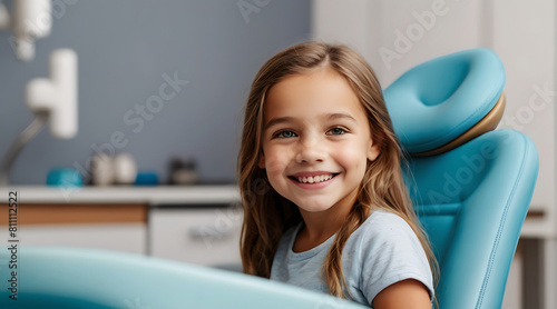 Closeup of A girl sitting at a Children's dentistry seat with healthy teeth and beautiful smile with copy space and isolated background, smiling photo