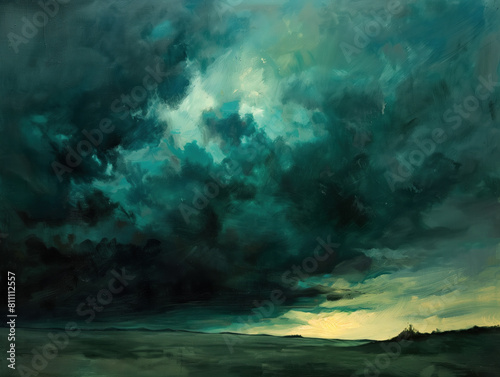 The foreboding sky, with dark clouds in black, blue, and green, hinted at an approaching storm. The dark teal backdrop heightened the ominous atmosphere, casting a frightening shadow over the landscap