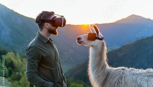 Ein Lama und ein Mann stehen sich mit Virtual Reality Brillen in den Bergen gegenüber, Digitalisierung, Technik der Zukunft, witzig photo