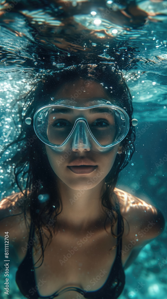 girl swimming underwater brunette realistic racing, copy space, visuals, no text