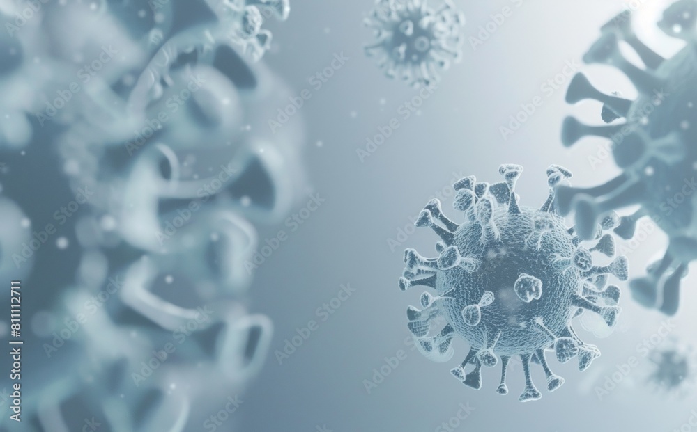A 3D illustration of multiple virus particles suspended in the air, depicted with a blue tint, highlighting their structure and surface proteins