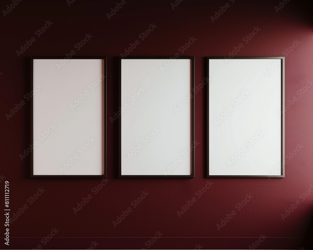 Set of three minimalist frames on a rich burgundy wall deep and dramatic