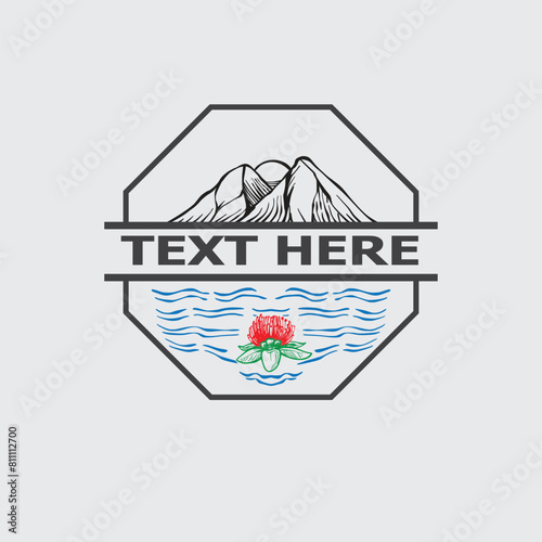 sketch of mountains and lehua flowers hand drawn in engraving style Vector Illustration