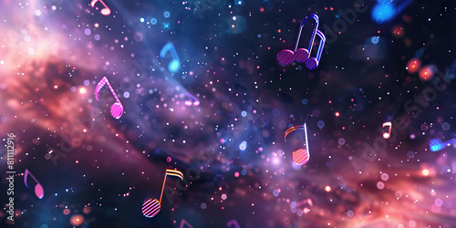 Galactic Harmonies: Music Notes Floating in Space Amongst Stars and Nebulae.