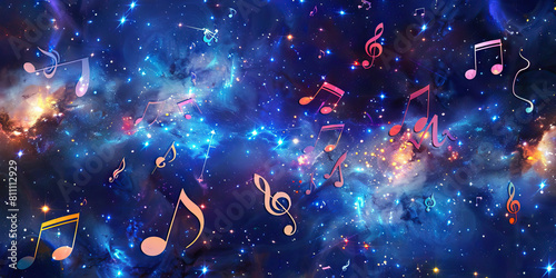 Galactic Harmonies: Music Notes Floating in Space Amongst Stars and Nebulae.