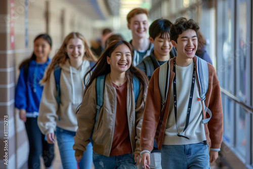 group of international high school friends walk down the college hallway  their laughter echoing as they share stories and jokes  showcasing the bond of friendship and mutual suppo