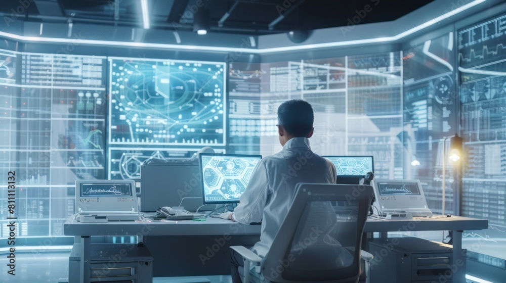 Naklejka premium A scientist working in a high-tech laboratory, surrounded by state-of-the-art equipment and monitors displaying data