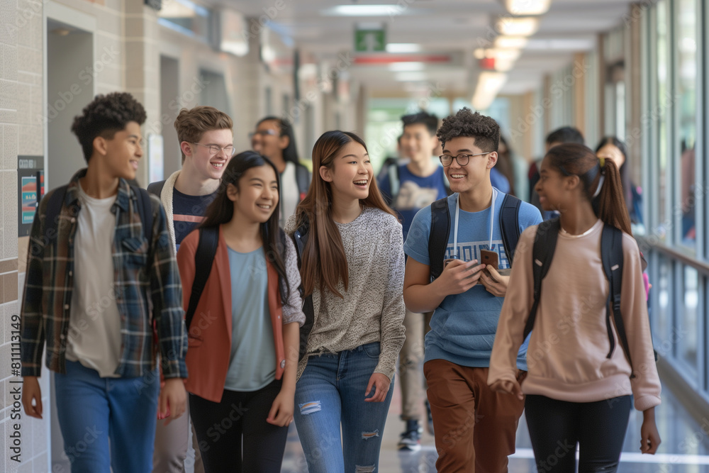 the university hallway, a portrait captures the camaraderie of a diverse group of international high school friends, engrossed in conversation as they walk together towards their l