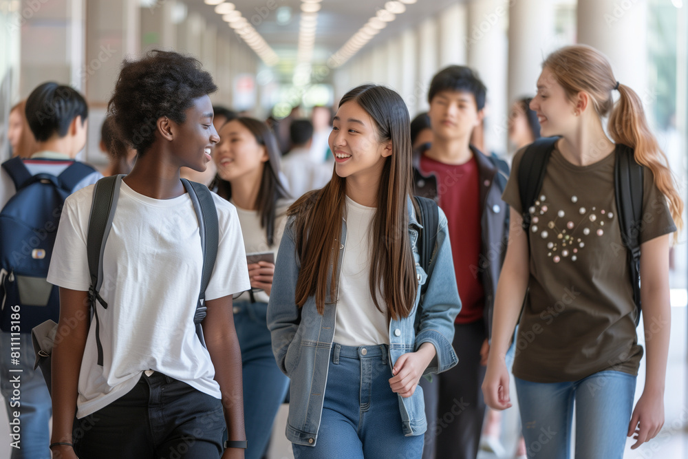 the university corridor photo, a portrait of diverse group of international high school friends walking together, deep in conversation, illustrating the bonds of friendship and sha