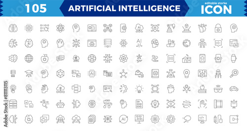 Artificial intelligence Pixel Perfect set of web icons in line style. AI technology icons for web and mobile app. Machine learning, digital AI technology, smart robotic, cloud computing network.