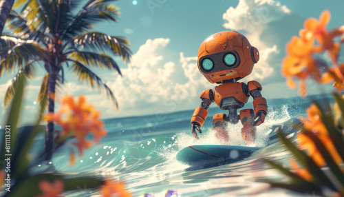 A robot is surfing on a surfboard in the ocean by AI generated image