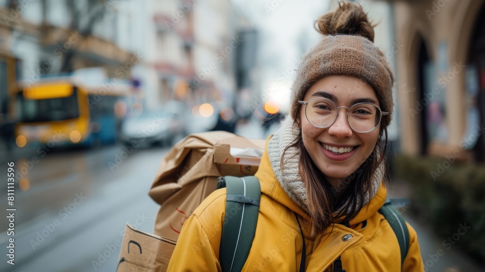 A woman courier with a beaming smile making deliveries, exemplifying professionalism and friendliness in every customer interaction A woman courier with a beaming smile making deliveries, exemplifying professionalism and friendliness in every customer interaction