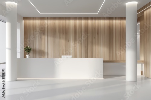 White and wood color theme, modern medical office reception desk with white walls, white ceiling, white floor, light wooden panels on the wall behind the counter