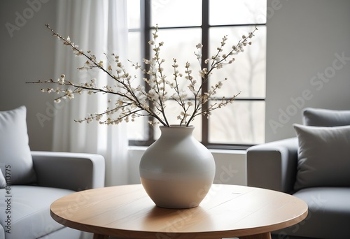 Minimal Scandinavian contemporary empty wooden table with a vase. with sunlight. Simplistic Home office, plant, clean. 