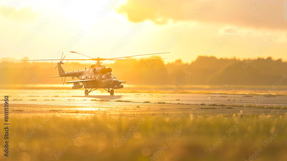 Fototapeta premium Focused Frame with a Military Helicopter on a Busy Airfield 