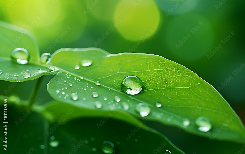 Water drops on a green leaf
