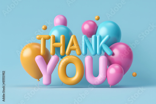 3D style of colorful typography text THANK YOU banner with balloons on blue background