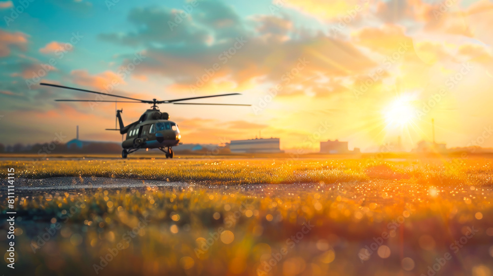 Fototapeta premium Airfield Scene with a Military Helicopter in Soft Focus
