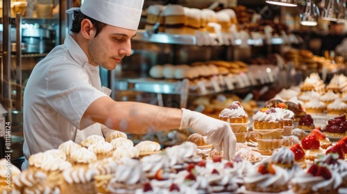 Pastry chef in a bakery shop with exquisite desserts.