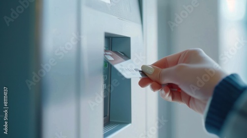 Close-up of a hand inserting a credit card into an ATM machine for cash withdrawal against a bright white background