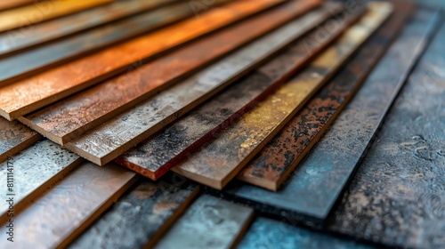 Dynamic angle shot of assorted vinyl tile samples, highlighting the reflective sheen and depth of color in each piece
