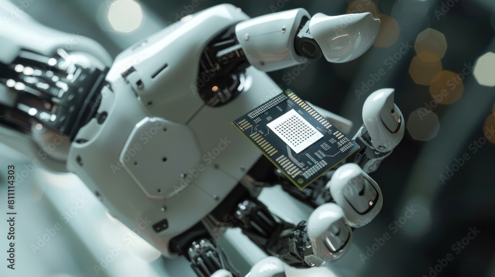 Close-up of a robotic hand holding a microchip, symbolizing advancements in AI and automation Close-up of a robotic hand holding a microchip, symbolizing advancements in AI and automation