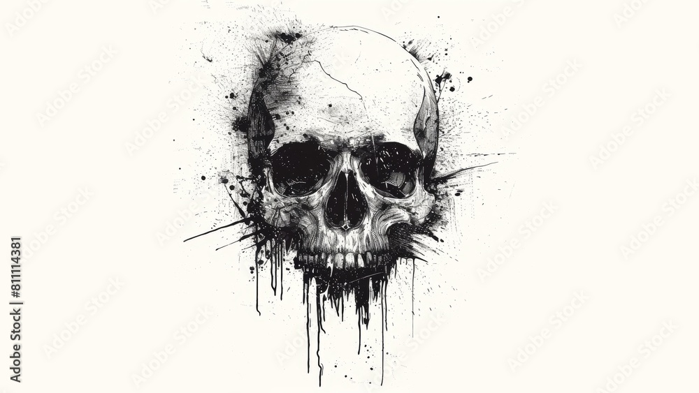 Naklejka premium front on human skull inky illustrative style