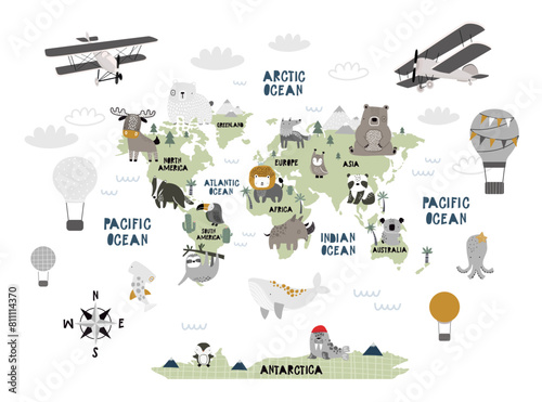 Vector world map for kids with cute animals. Children's map design for wallpaper, kid's room, wall art. America, Europa, Asia, Africa, Australia, Arctica. illustration. Animal world. Continents.
