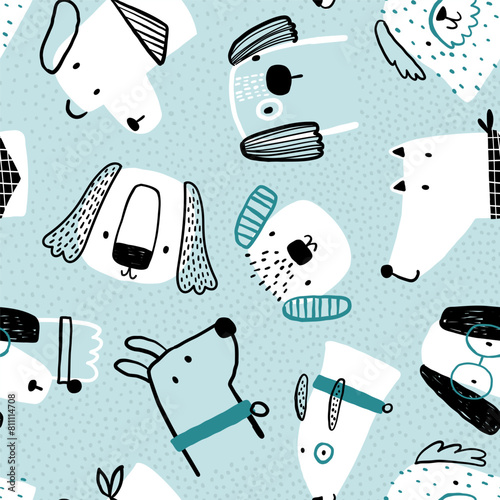 Vector hand-drawn seamless repeating childish simple pattern with cute dogs in Scandinavian style on a blue background. Children's texture with dogs, dogs print. Pets. Puppy. Funny animals sketch.