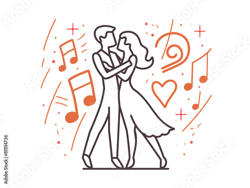 A linear icon of music notes and a heart shape is featured in a wedding dance scene, symbolizing love and celebration. This pictogram represents party preparation and marriage in a template con